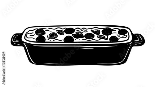 Baked casserole dish with layered ingredients on a flat surface, Food Digital Art
