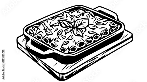 Baked ziti dish on a wooden board, ready to be served, Food Digital Art