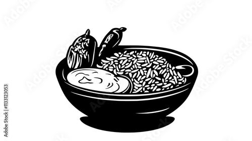 Biryani displayed in a bowl with raita and vegetables, Food Digital Art