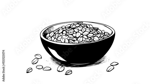 Bowl filled with muesli beside a few muesli pieces scattered on the table, Food Digital Art