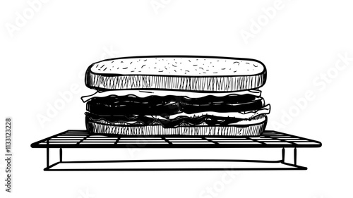 Classic deli sandwich on a wire cooling rack over a kitchen countertop, Food Digital Art