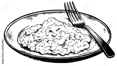 Close-up of scrambled eggs on a plate with visible texture, fork placed nearby, Food Digital Art