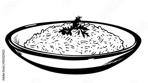 Close-up of risotto with mushroom pieces and parsley on a wide, shallow bowl, Food Digital Art