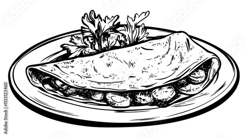 Close-up view of an omelet on a plate, with visible fillings and a garnish bowl, Food Digital Art