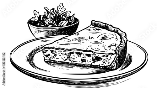 Close-up view of quiche slice on a plate, visible filling layers, and small salad bowl, Food Digital Art