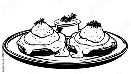 Close-up of eggs benedict on a plate, with visible toppings and small garnish bowl, Food Digital Art