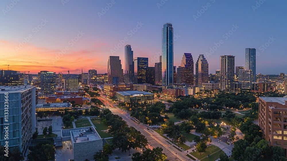 Obraz premium Panoramic sunset view of a city skyline with skyscrapers and a park.