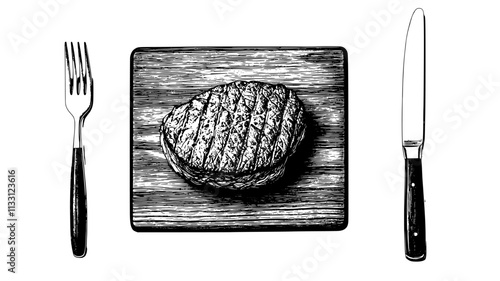 Filet mignon resting on a wooden board with a fork and knife beside it, Food Digital Art
