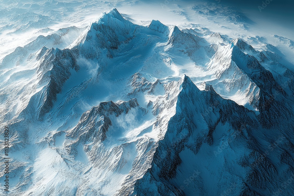 Obraz premium Aerial view of majestic snow-capped mountains, a breathtaking winter landscape.