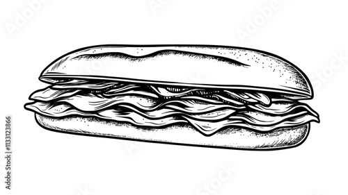 Large Italian sub on flat surface, filled with various meats and cheese, Food Digital Art