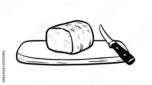 Log of goat cheese on a wooden cutting board with a knife beside it, Food Digital Art