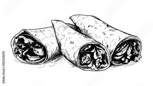 Open wrap with grilled meat and vegetables, laid out on a flat surface, Food Digital Art