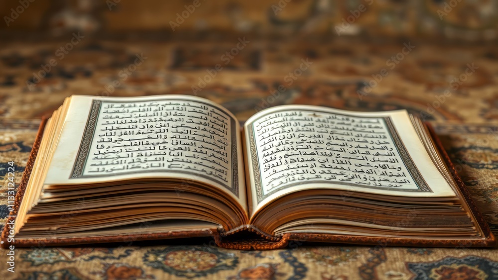 Fototapeta premium Ancient North African Quran Manuscript, XII-XIII Century, Open Book, Shallow Depth, Grunge Background