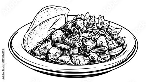 Pasta salad with vegetables dressed on a white plate, Food Digital Art