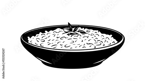 Creamy risotto in a wide, shallow bowl with a simple garnish on top, Food Digital Art
