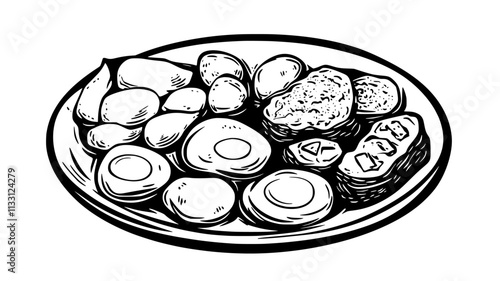 Plate with various egg dishes like scrambled eggs and omelets, Food Digital Art