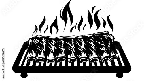Rack of ribs cooking on a grill with smoke and flames underneath, Food Digital Art