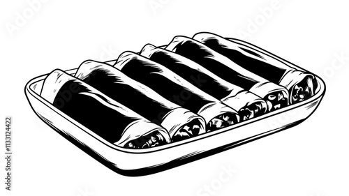 Row of enchiladas with sauce and filling visible, neatly arranged on a white, rectangular dish, Food Digital Art