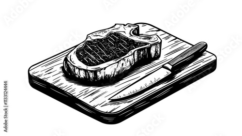 Ribeye steak resting on a wooden cutting board with a knife beside it, Food Digital Art