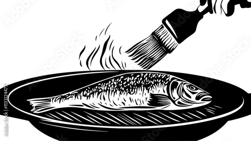 Salmon fillet being basted on a grill over coals, Food Digital Art