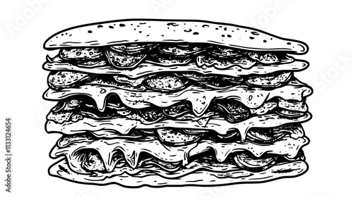 Several meat lovers pizza slices stacked, showing different layers of meats, Food Digital Art