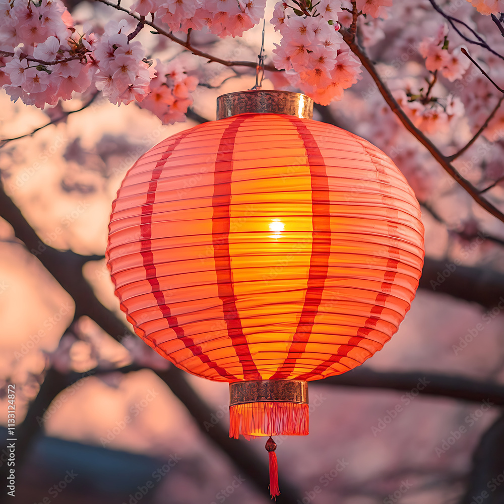 Obraz premium Ornate Red Lantern hanging amidst Cherry Blossoms. A vibrant orange-red paper lantern, with intricate pleated design, hangs from a branch laden with delicate cherry blossoms in soft pink hues.