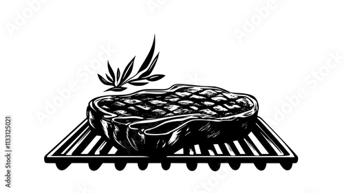 Thick ribeye steak on a grill with visible flames and smoke, Food Digital Art