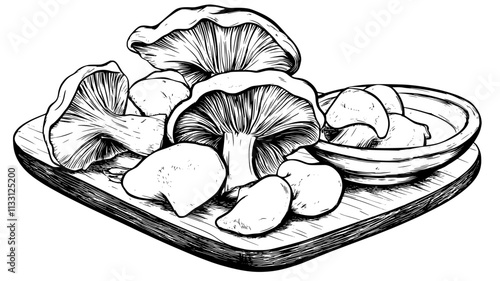 Whole chanterelles scattered on a wooden board next to a small dish of oil, Food Digital Art