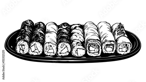 Spring rolls laid out in a neat row on a serving dish, Food Digital Art