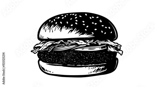 Veggie patty on a sesame seed bun with lettuce, tomato, and onions, Food Digital Art