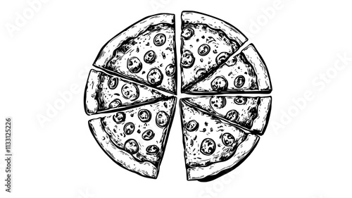 Whole deep-dish pizza being sliced, toppings visible from above, Food Digital Art