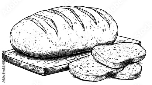 Whole focaccia loaf on wooden surface with slices next to it, Food Digital Art
