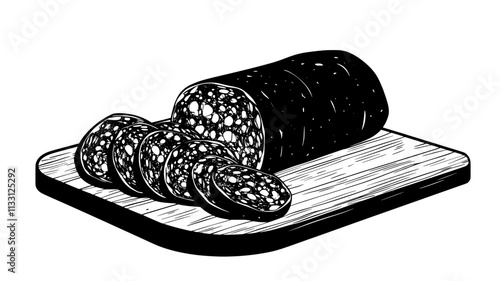 Whole salami with slices arranged next to it on a wooden board, Food Digital Art