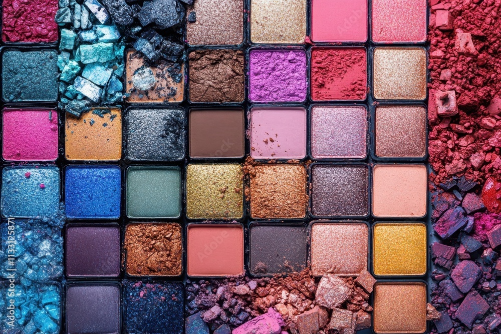 Fototapeta premium Colorful Eyeshadow Palette With Crumbled Makeup