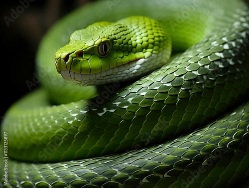 Close up view of a green wooden python (Morelia viridis) photo