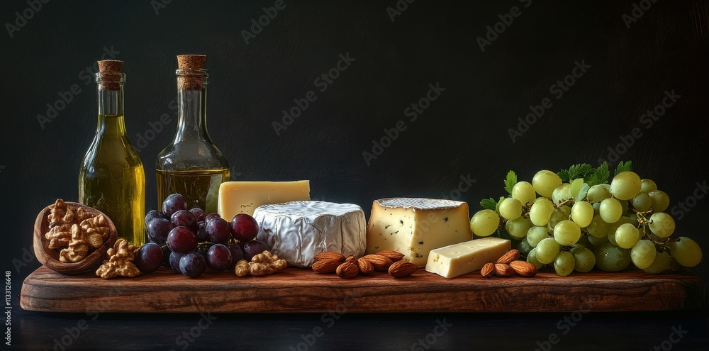 Delightful cheese and fruit platter with rustic oil bottles on a wooden board at an evening gathering Delightful cheese and fruit platter with rustic oil bottles on a wooden board at an evening gathering