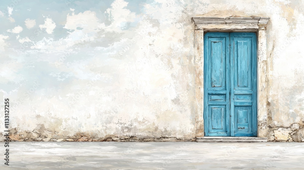 Fototapeta premium A serene image featuring a weathered wall with a vibrant blue door, evoking a sense of tranquility and charm.