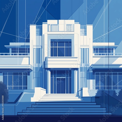 architectural blueprint of an Art Deco-style European house, characterized by its sharp, geometric shapes, ,luxurious materials , sleek lines, stepped forms, decorative motifs like chevrons ,zigzags. photo