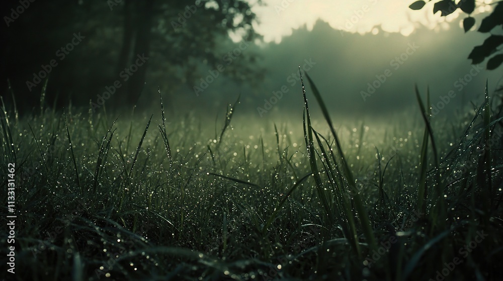 Obraz premium Mystical Meadow: Dew-kissed blades of grass stand tall against the soft glow of sunrise, a mesmerizing scene of nature's subtle beauty. 