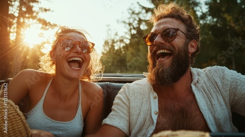 A couple is seen laughing heartily while driving a convertible car. Their sunglasses reflect the bright sunlight, symbolizing joy, freedom, and adventure. photo