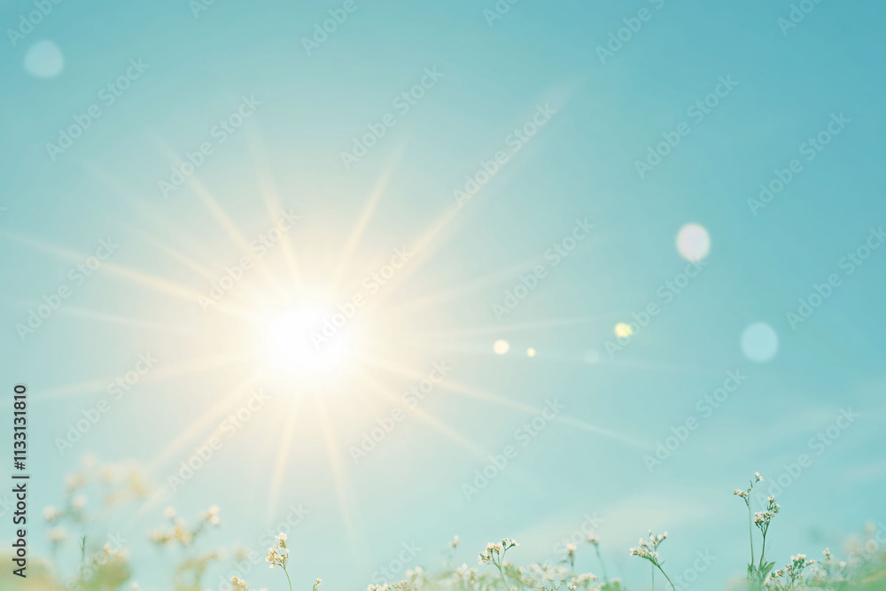 Obraz premium Bright sun shining over a field of flowers.