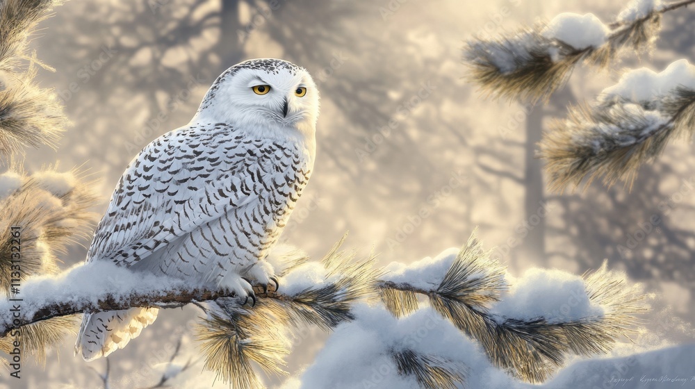 Fototapeta premium Snowy Owl Perched on Branch in Winter Landscape with Soft Light