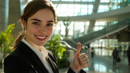 Free Download Young Woman Smiling and Giving Thumbs Up in Modern Indoor Setting - GFXLoad