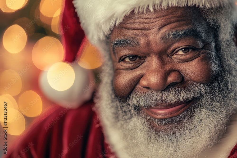 A heartwarming close-up of a kind, smiling Black Santa Claus against a bokeh background. A heartwarming close-up of a kind, smiling Black Santa Claus against a bokeh background.
