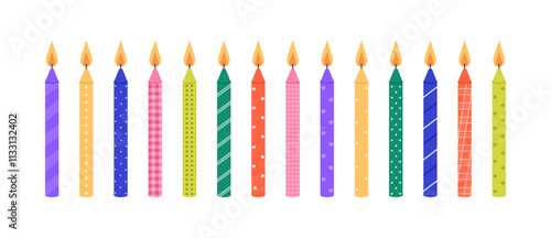 Colorful burning birthday cake candles set with different patterns. Holiday, anniversary celebration. Decoration for banner, greeting card. Vector flat illustration isolated on white background