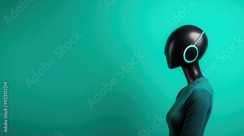 This image shows a black mannequin wearing headphones, positioned against a green backdrop. It captures a modern, abstract aesthetic and a sense of contemporary style. photo