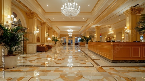 Elegant hotel lobby with marble floor, chandelier, and reception desk.