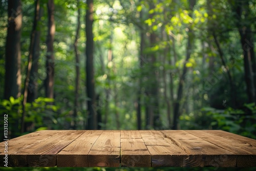 High Quality Visual of Camping Wooden Tabletop in Green Forest for Product Display