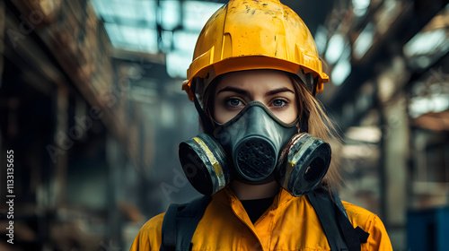 A woman adorned in a vibrant yellow helmet and protective gas mask stands confidently in a hazardous work environment. photo