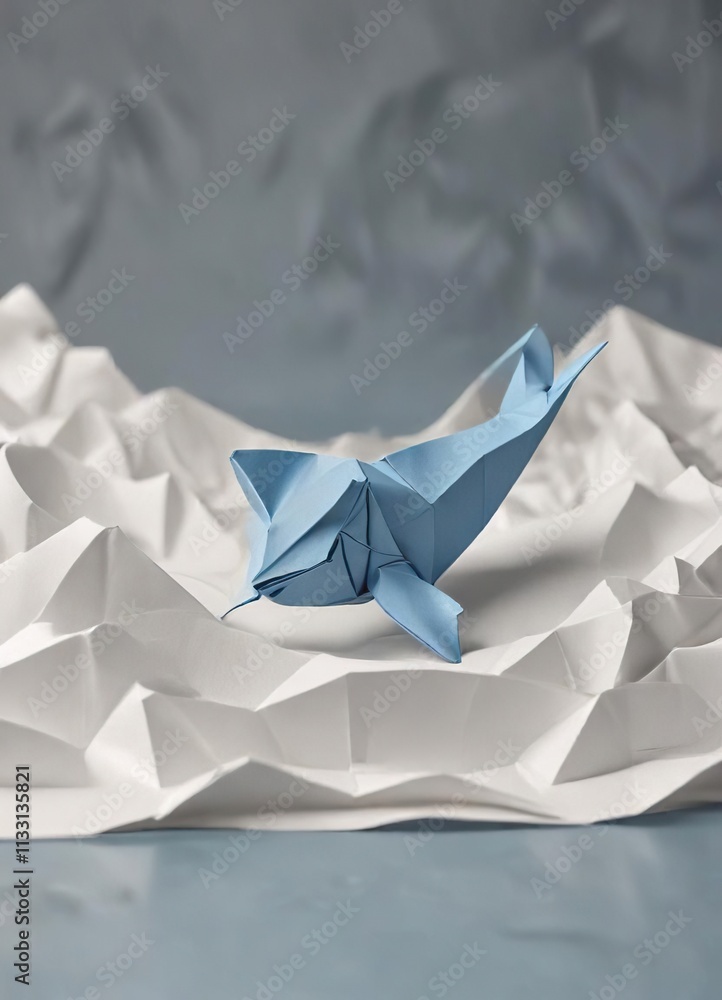 Obraz premium Minimalistic design of an origami whale emerging from folded paper waves, minimalistic, design